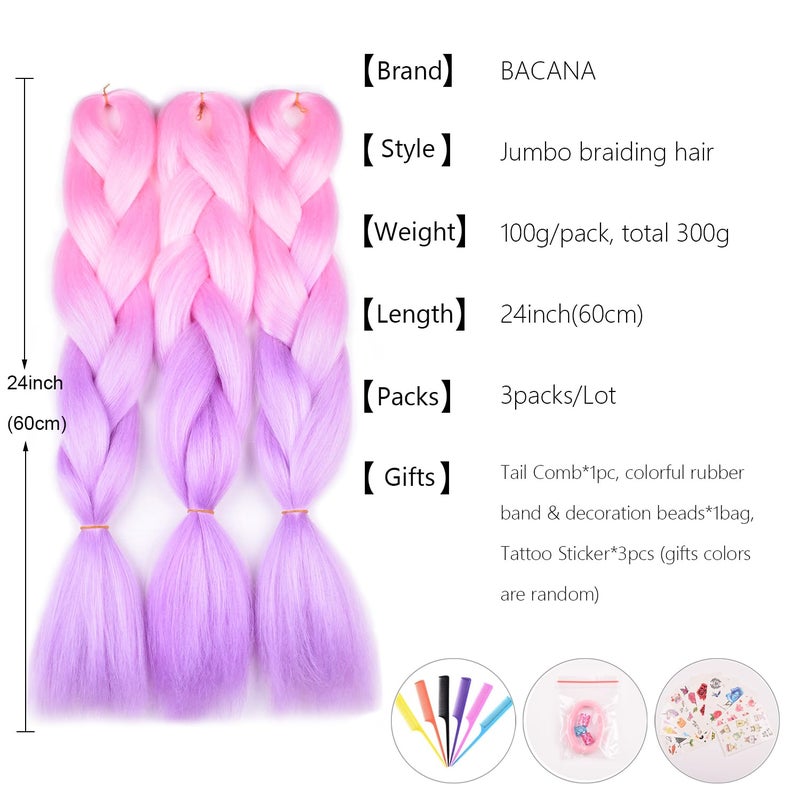 BACANA Pink Ombre Braiding Hair Light Pink/Light Purple 3 Packs Jumbo Braid in Hair Extension Ombre Colors High Temperature Synthetic Hair for Braiding Soft Healthy - Image 2